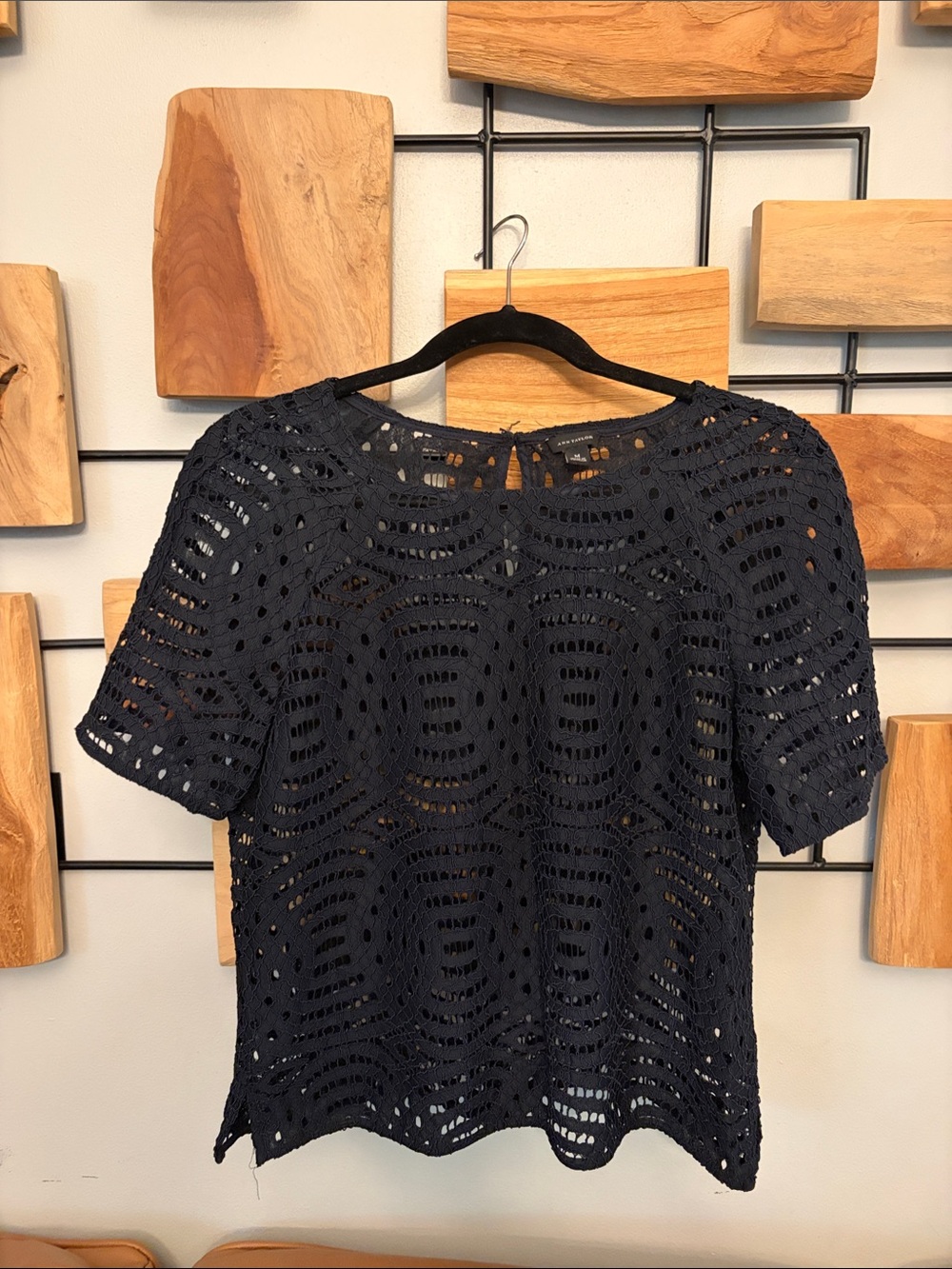 Ann Taylor Navy Crochet Short-Sleeve Blouse